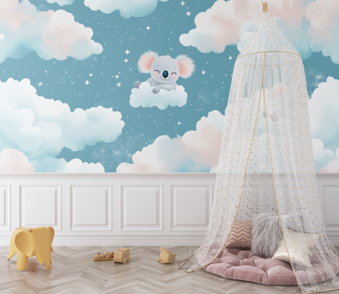 Papier peint koala flottant dans le ciel bebe