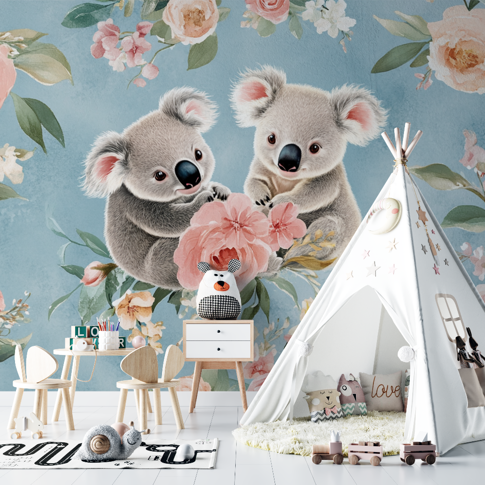 Papier peint koala dans un champ de fleurs chambre bebe