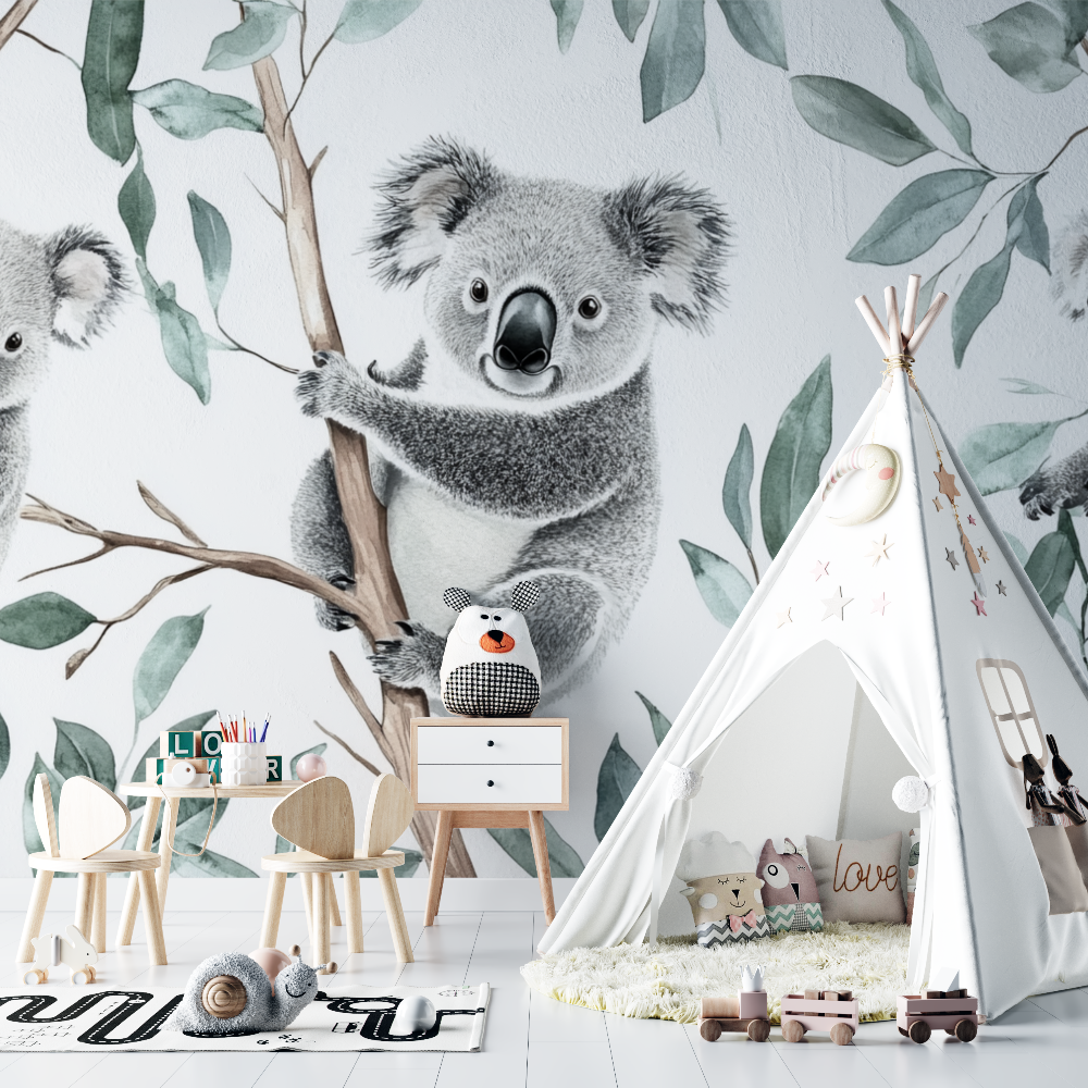 Papier peint koala suspendu a une branche chambre bebe
