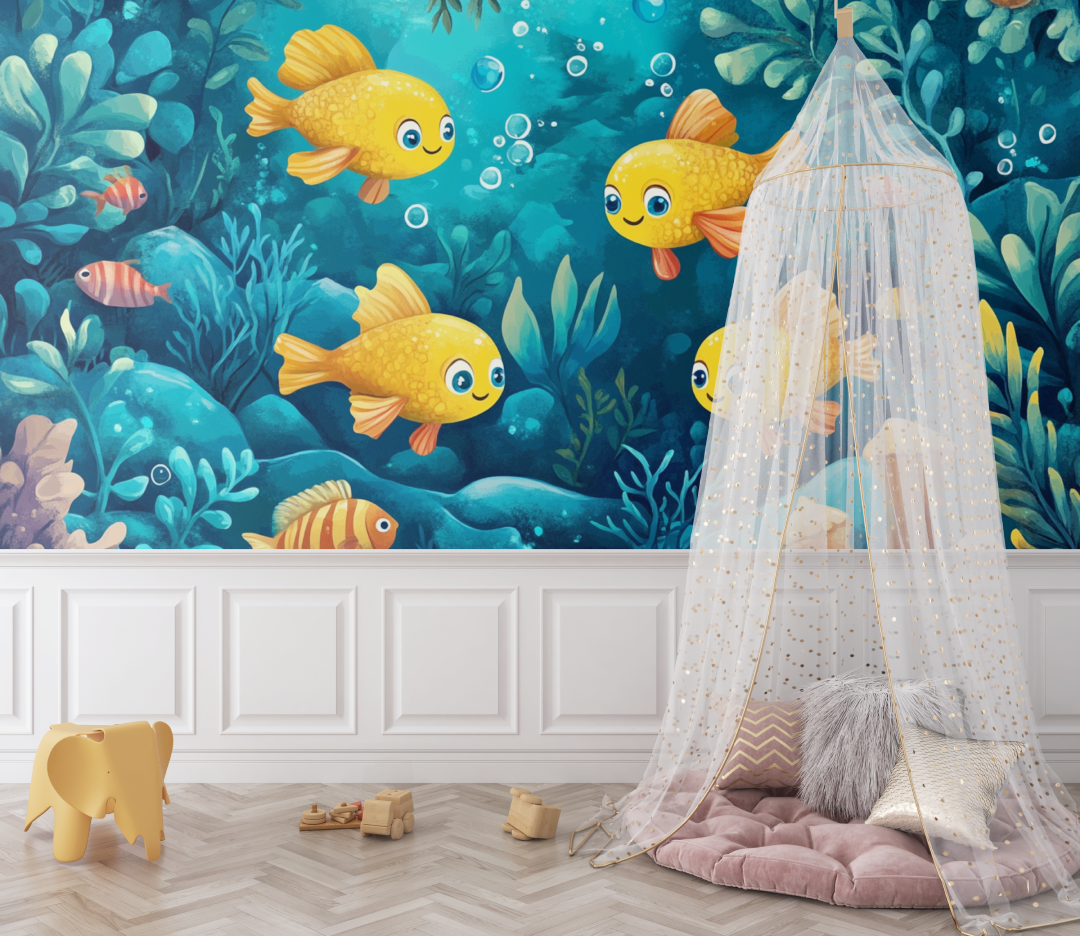 Papier peint marin theme sous marin jaune et bleu bebe