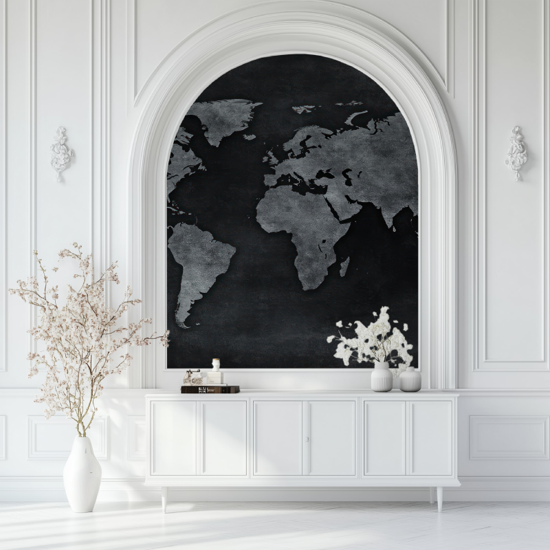 Papier peint carte du monde gris anthracite salon blanc
