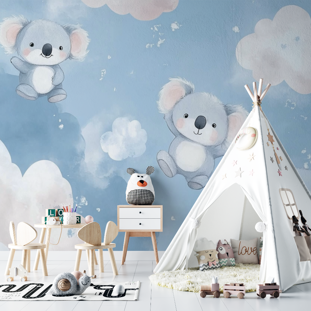 Papier peint koala sur fond de ciel pastel chambre bebe