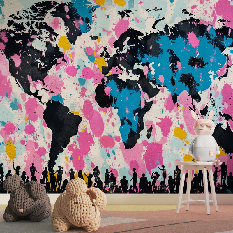 Papier peint carte du monde gra...rose tapisserie pour fille