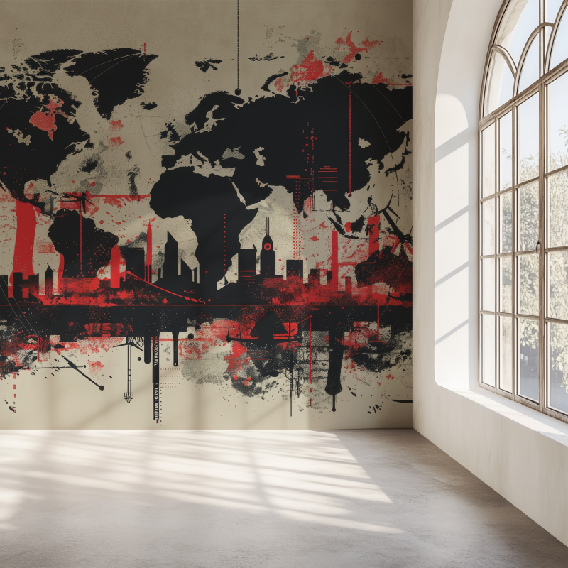 Papier peint carte du monde graffiti rouge mur simple