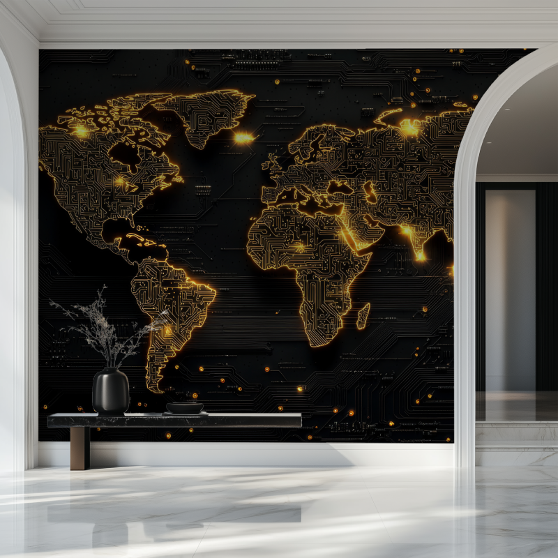 Papier peint carte du monde noir et dore design salon beau