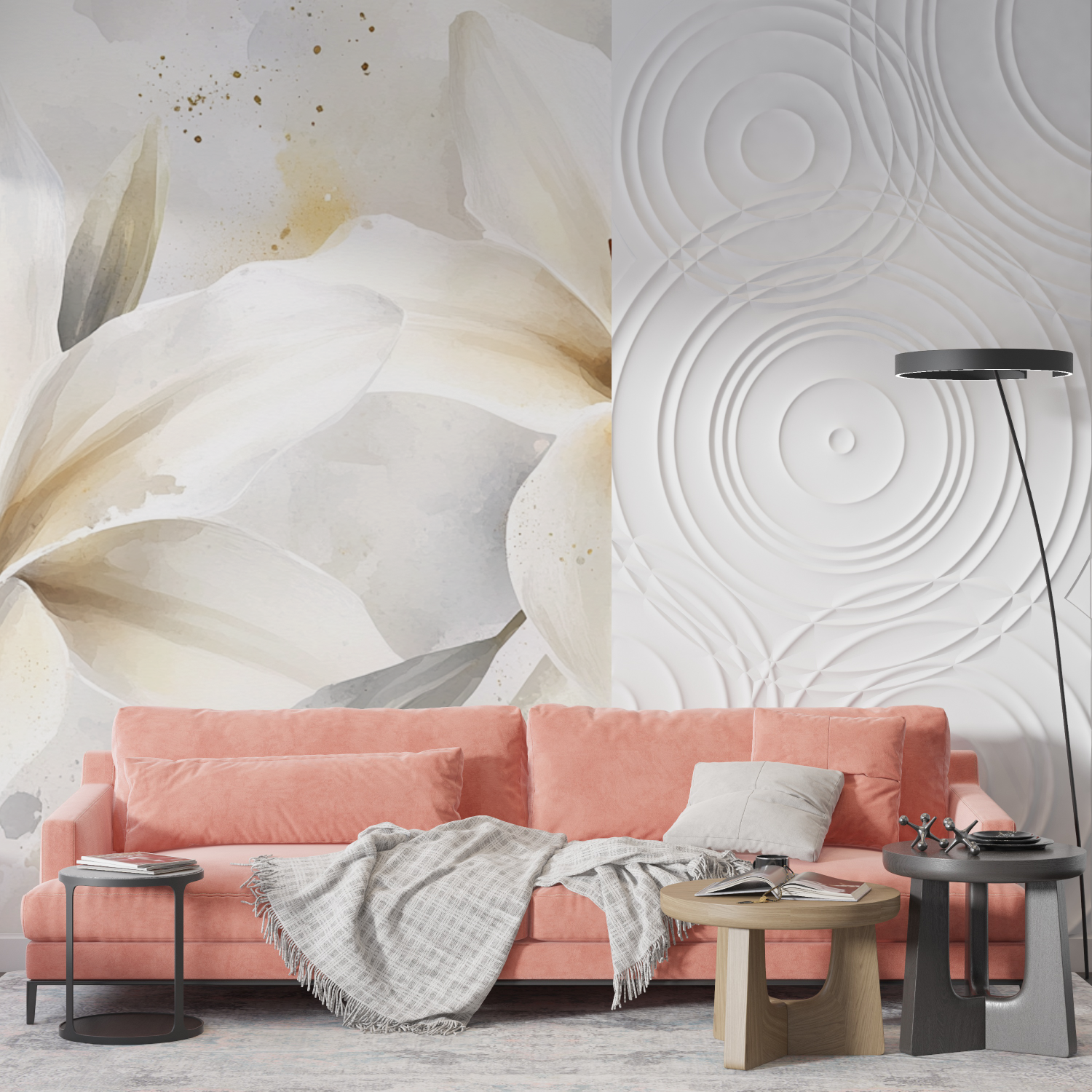 Papier peint aquarelle lys blancs elegants mur