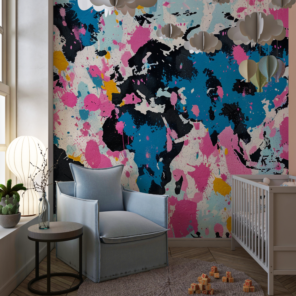 Papier peint carte du monde graffiti rose chambre de fille