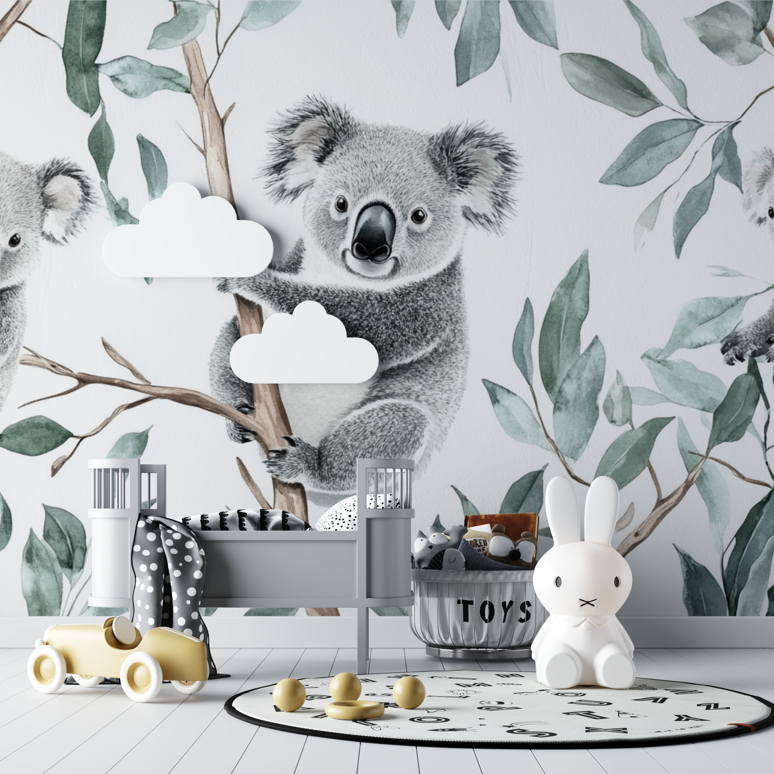 Papier peint koala suspendu a une branche bebe tipi