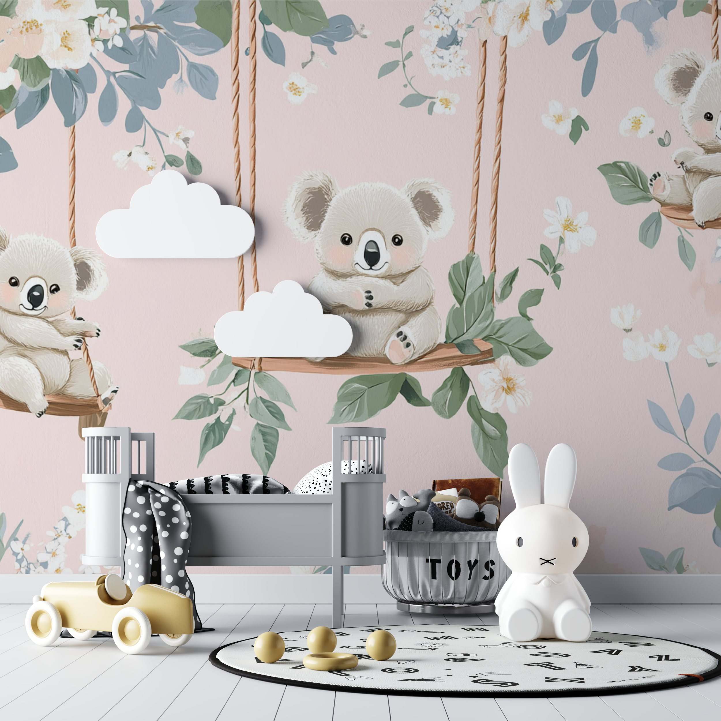 Papier peint koala sur une balancoire florale bebe tipi