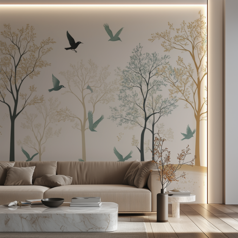 Papier peint arbre et oiseau canape neon
