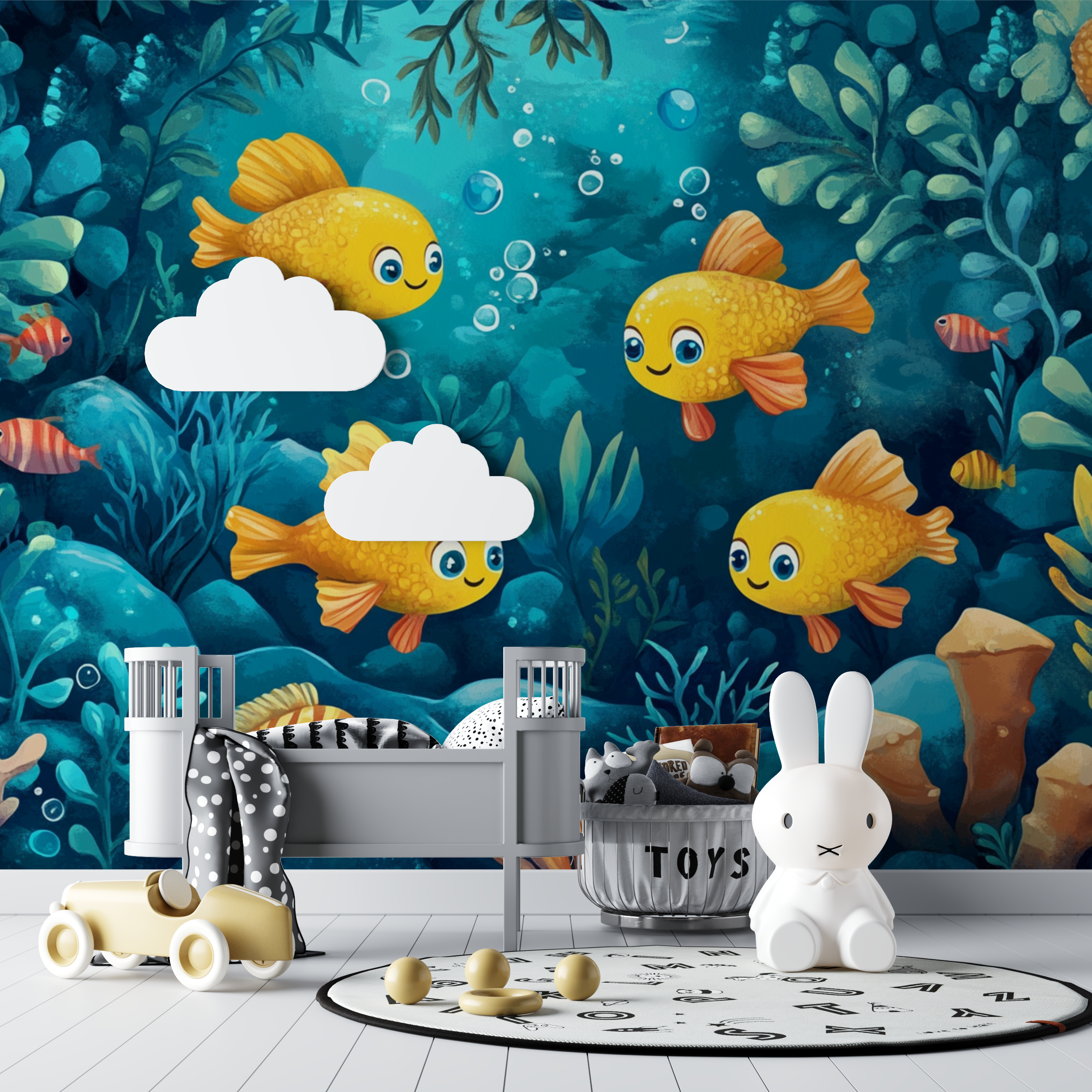 Papier peint marin theme sous marin jaune et bleu bebe tipi