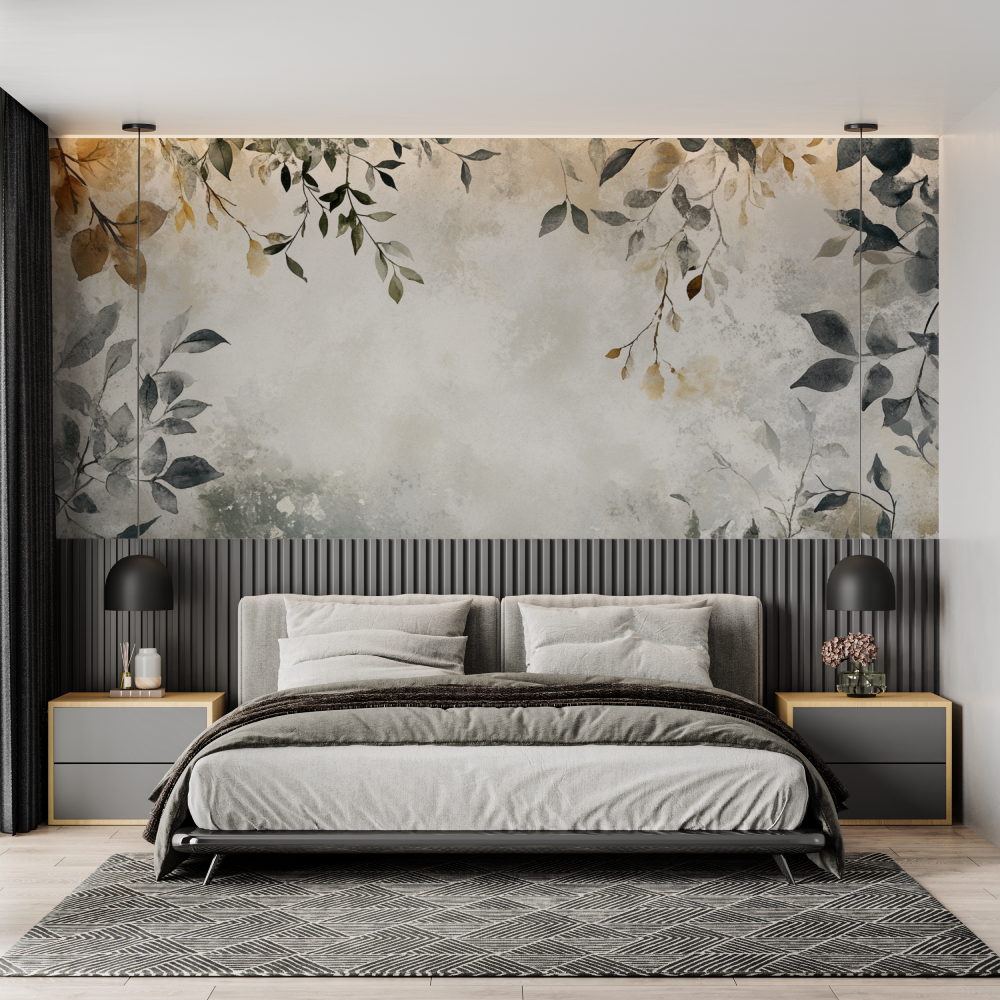 Papier peint aquarelle feuilles bohemes chambre adulte