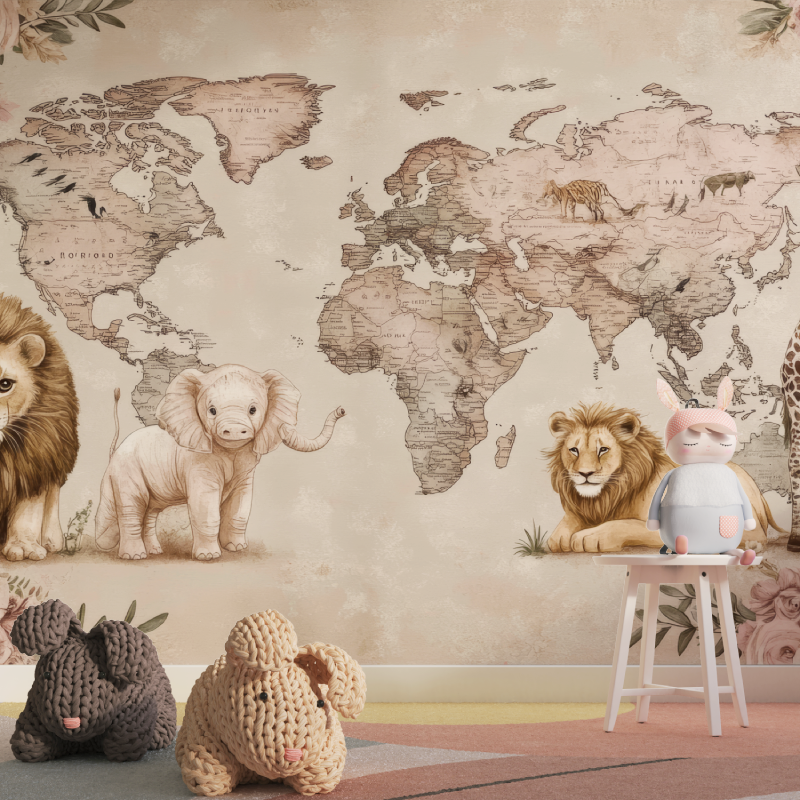 Papier peint carte du monde ani...rose tapisserie pour fille