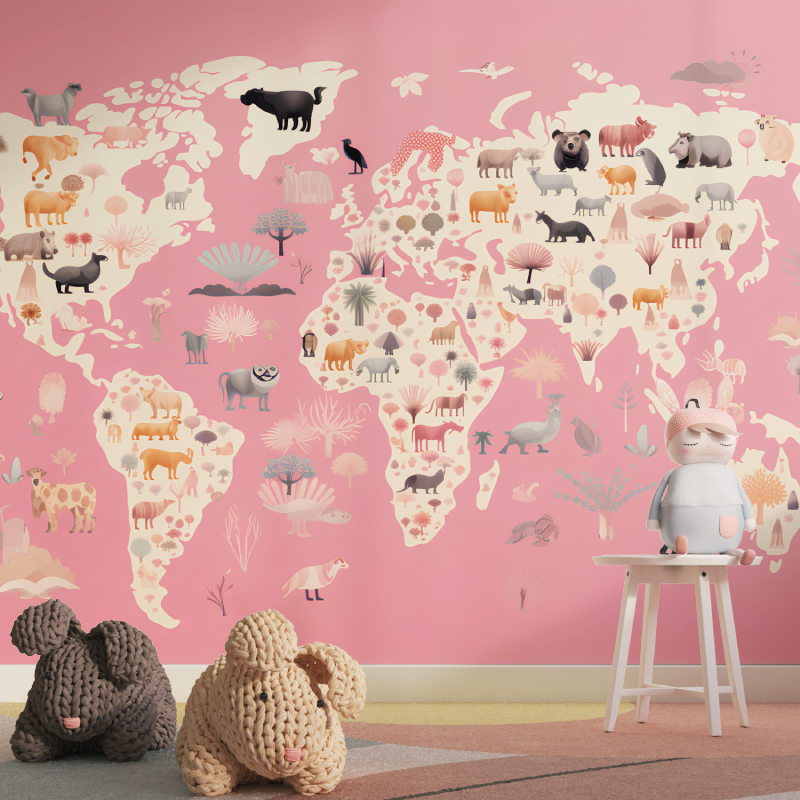 Papier peint carte du monde ani...rose tapisserie pour fille