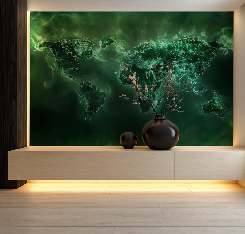 Papier peint carte du monde verte design salon neon