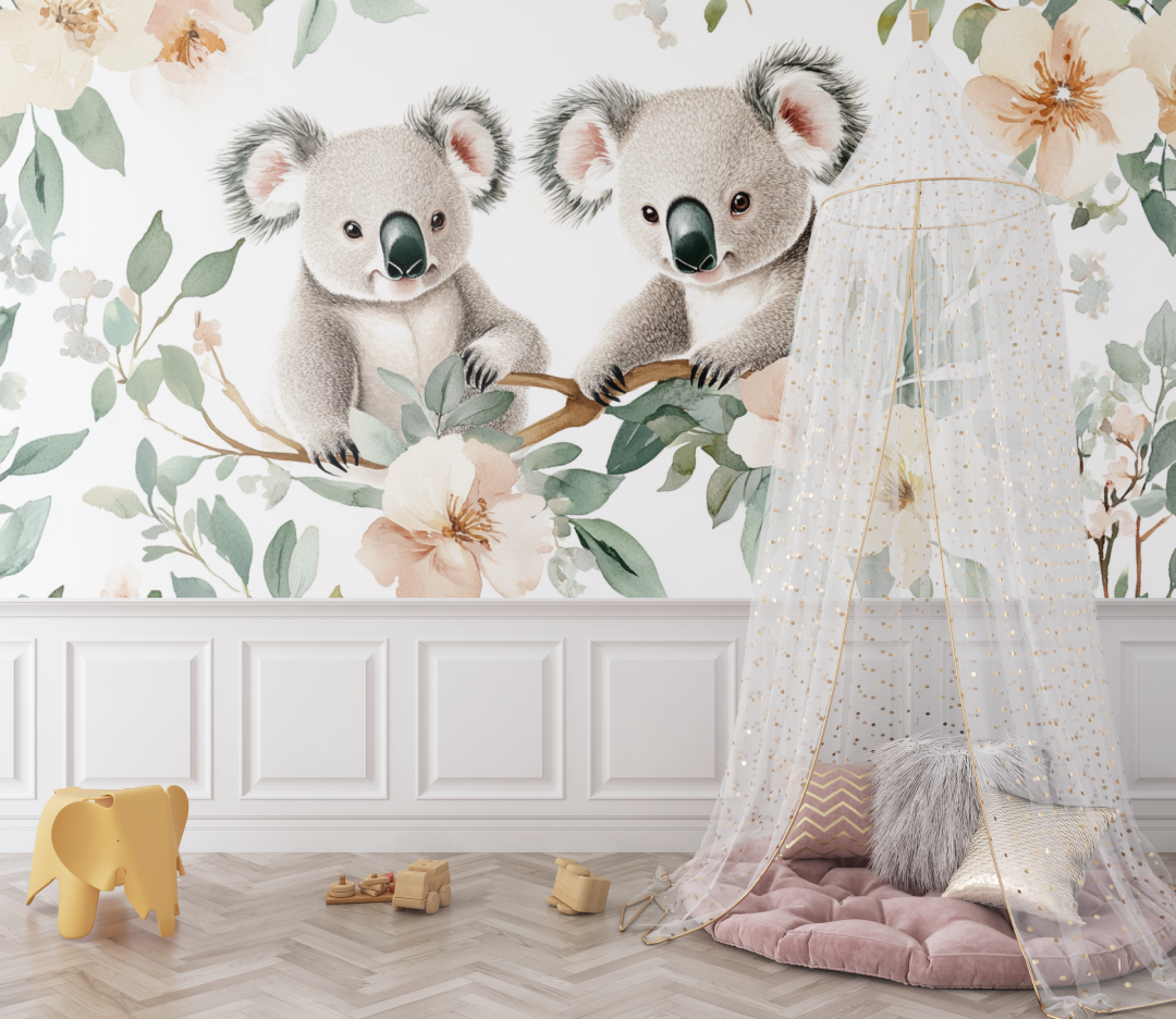 Papier peint koala dans un champ de fleurs bebe