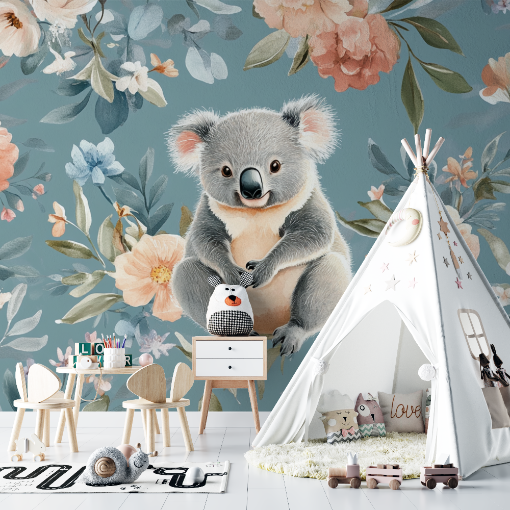 Papier peint koala et tapis de fleurs chambre bebe