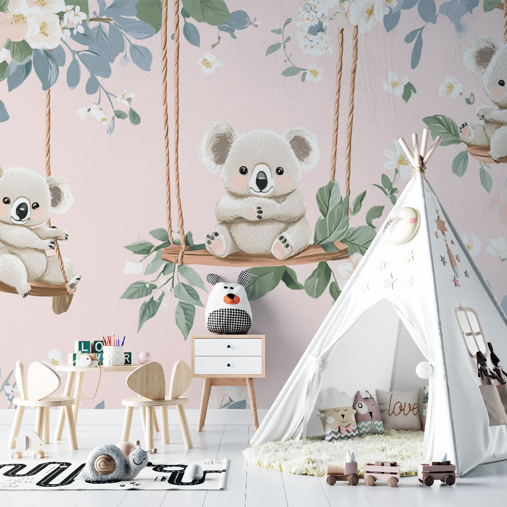 Papier peint koala sur une balancoire florale chambre bebe