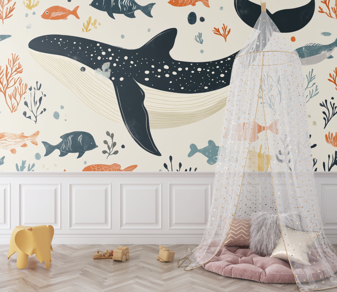 Papier peint marin poisson baleine beige bebe
