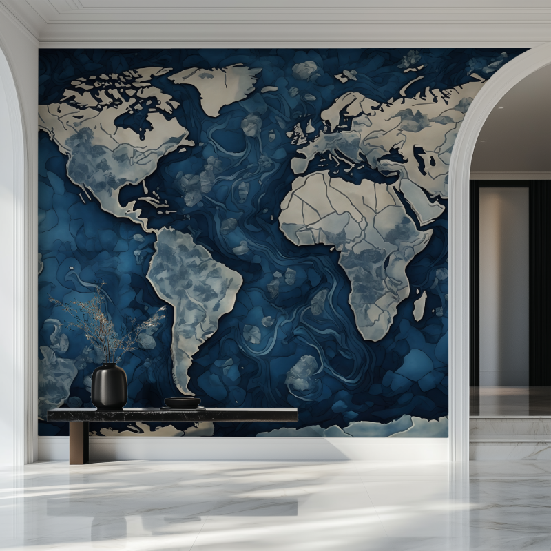 Papier peint carte du monde bleu artistique salon beau
