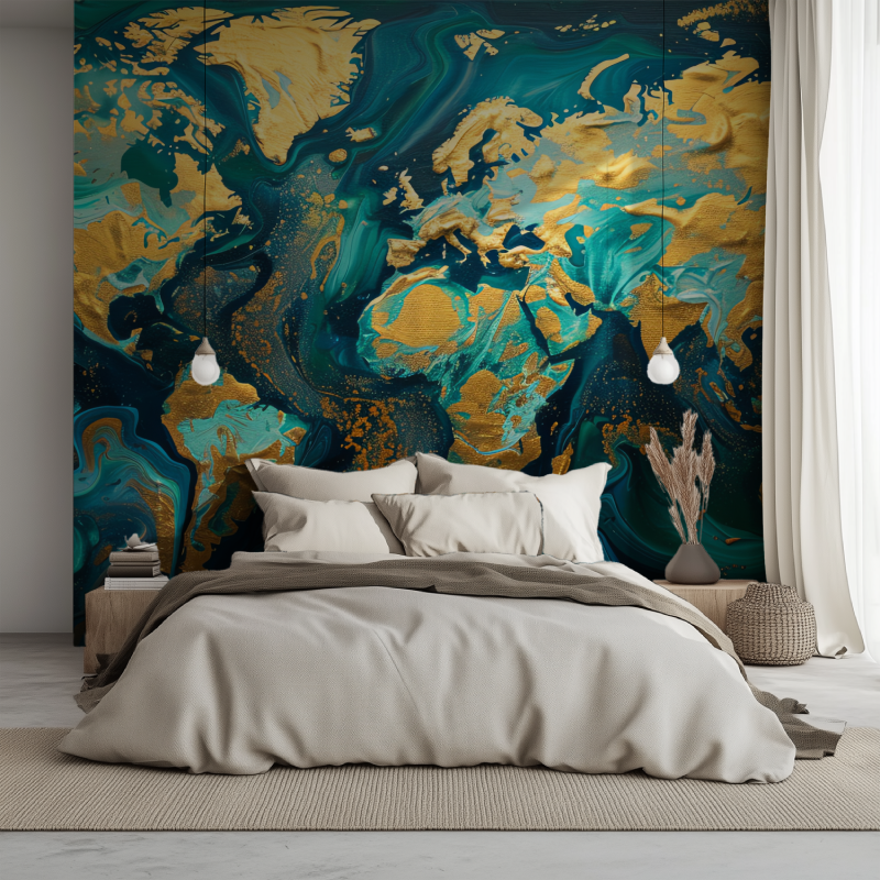 Papier peint carte du monde design bleu canard lit 1234