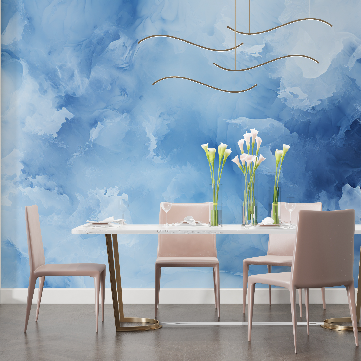 Papier peint aquarelle nuances bleues salon