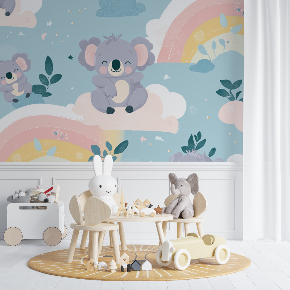 Papier peint koala assis sur un arc pastel chambre de bebe