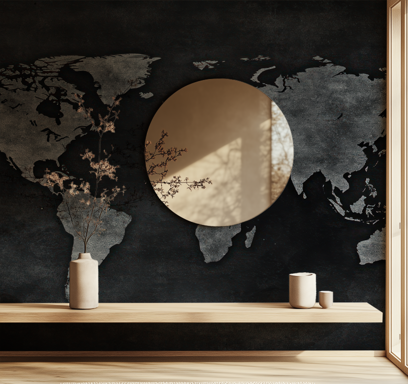Papier peint carte du monde gris anthracite miroir