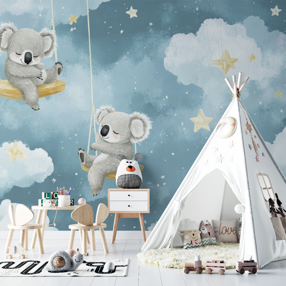 Papier peint koala flottant dans le ciel chambre bebe