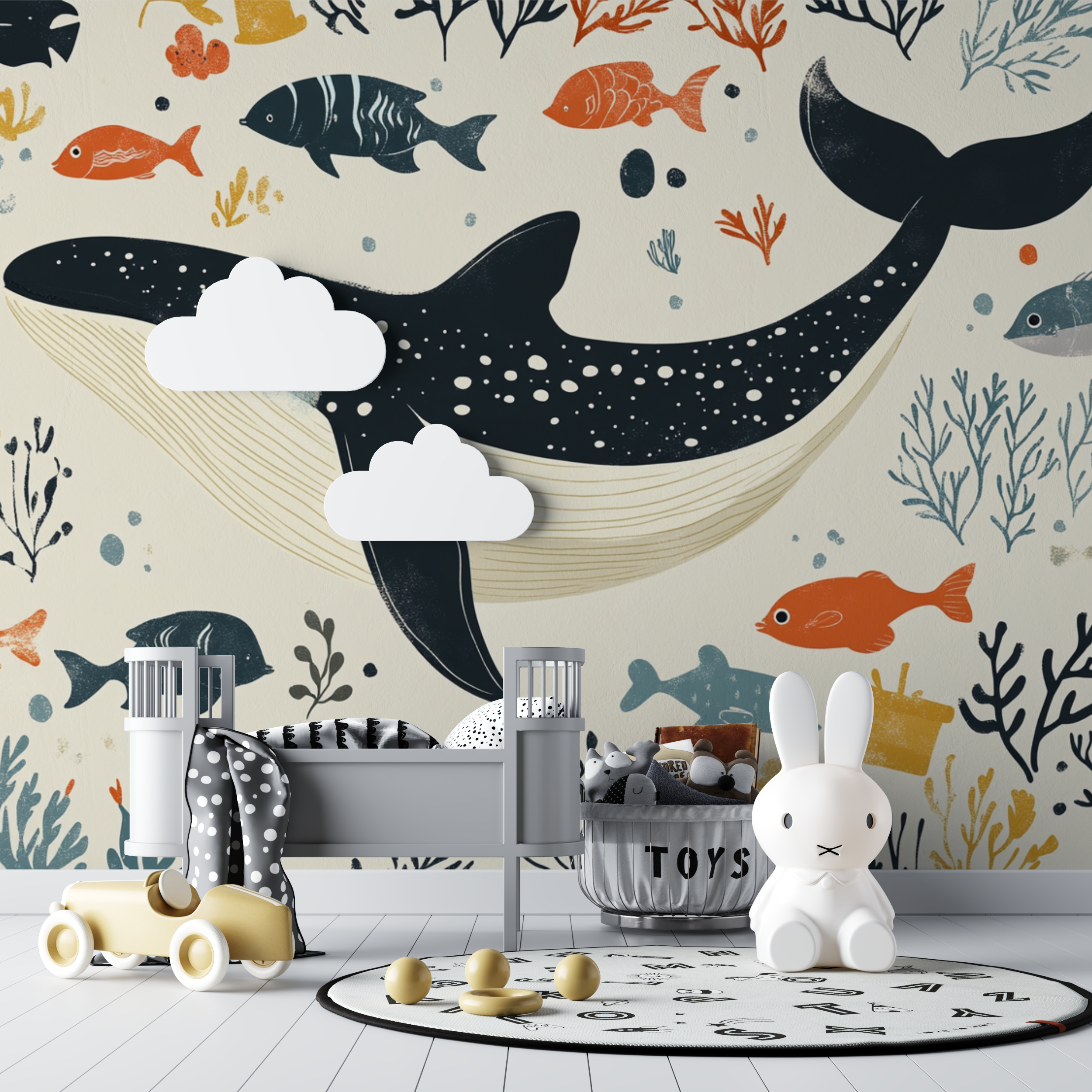 Papier peint marin poisson baleine beige bebe tipi