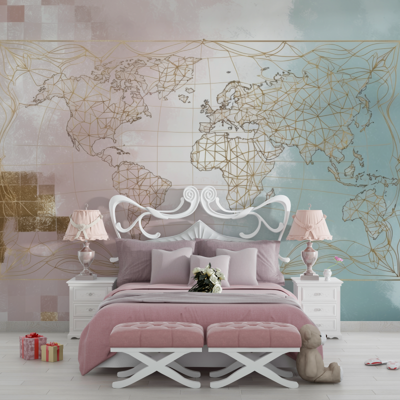 Papier peint carte du monde geometrique rose chambre filles