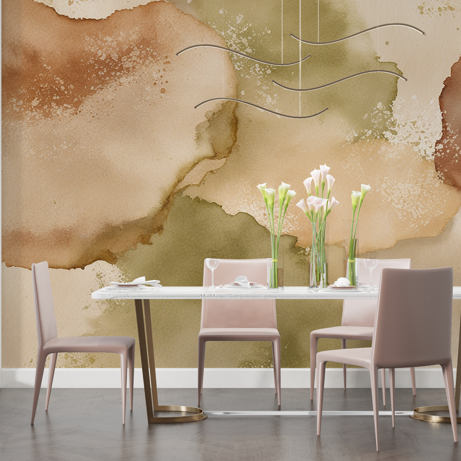 Papier peint aquarelle marron kaki salon