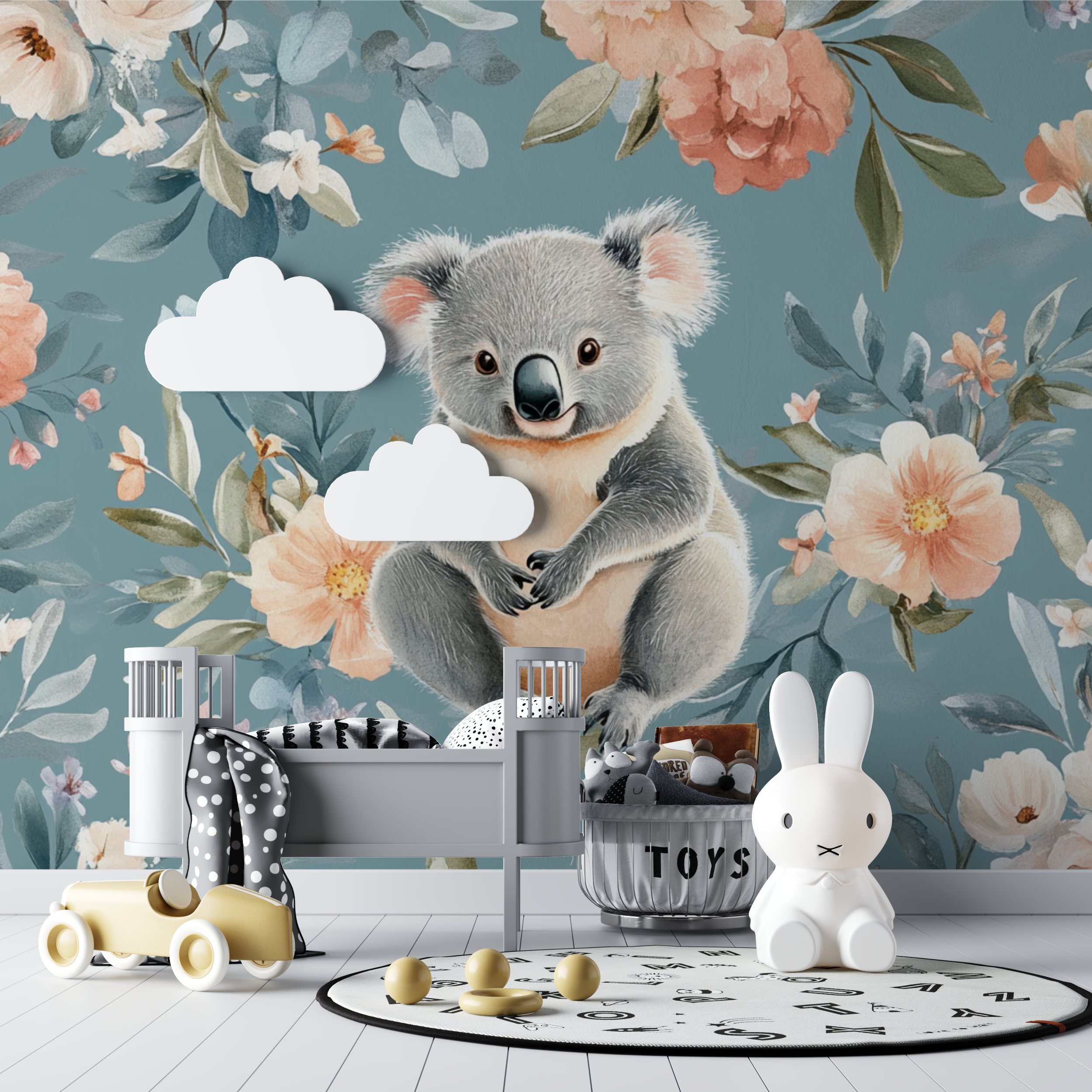 Papier peint koala et tapis de fleurs bebe tipi