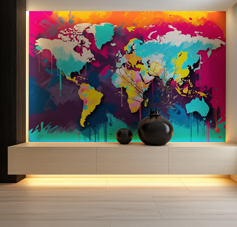 Papier peint carte du monde graffiti salon neon