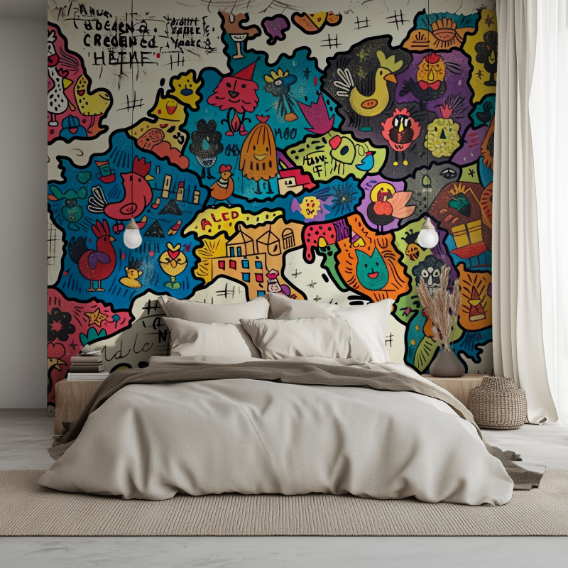 Papier peint carte du monde graffiti europe lit 1234