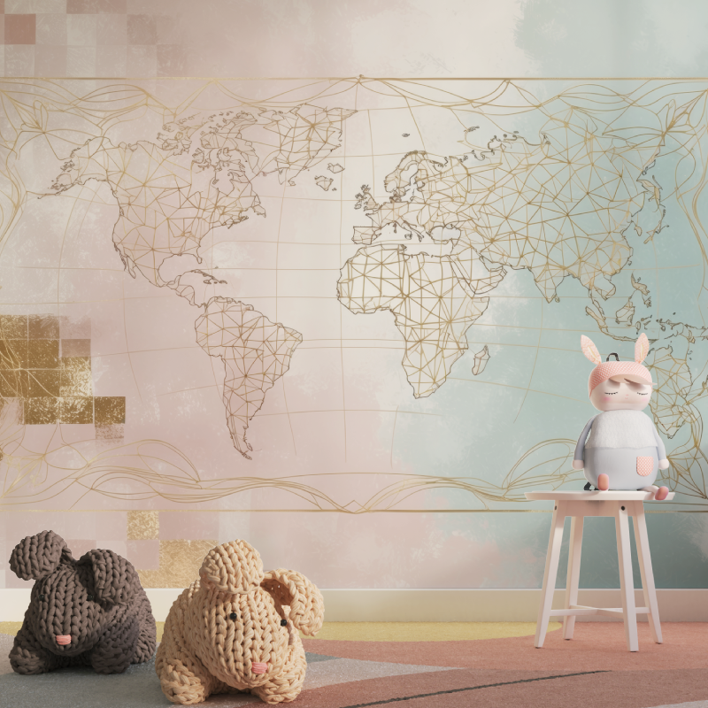 Papier peint carte du monde geo...rose tapisserie pour fille