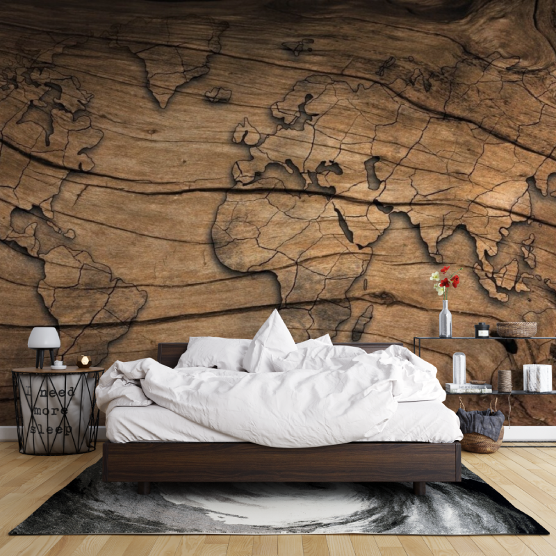 Papier Peint Carte du Monde Effet Bois