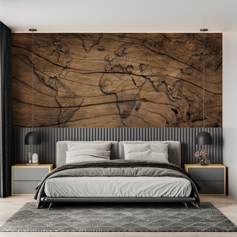 Papier Peint Carte du Monde Effet Bois