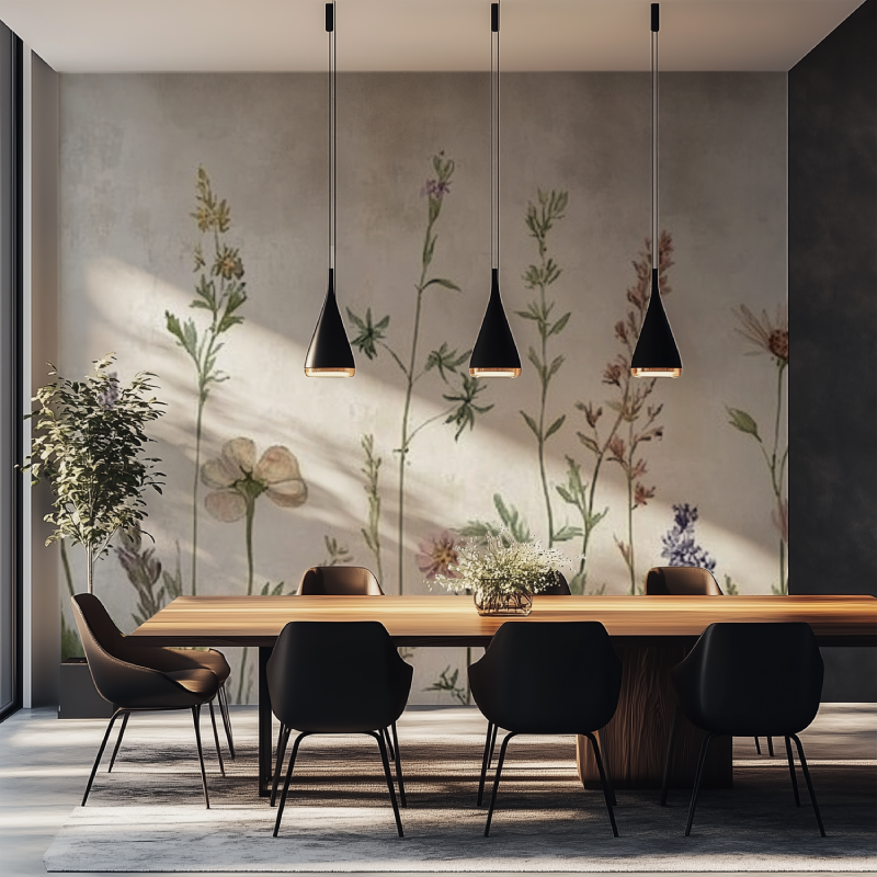 Papier peint vintage fleurs salle manger tapisserie