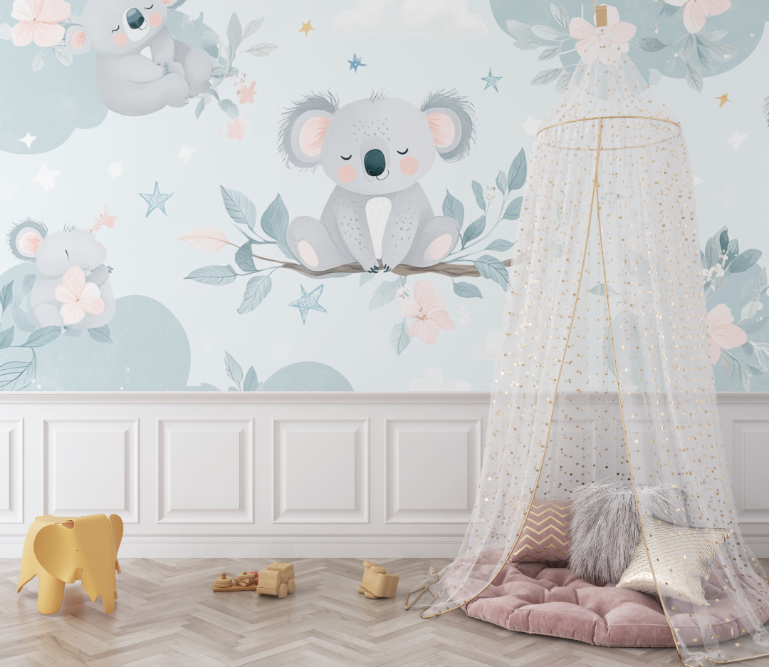 Papier peint koala en pyjama pastel bebe
