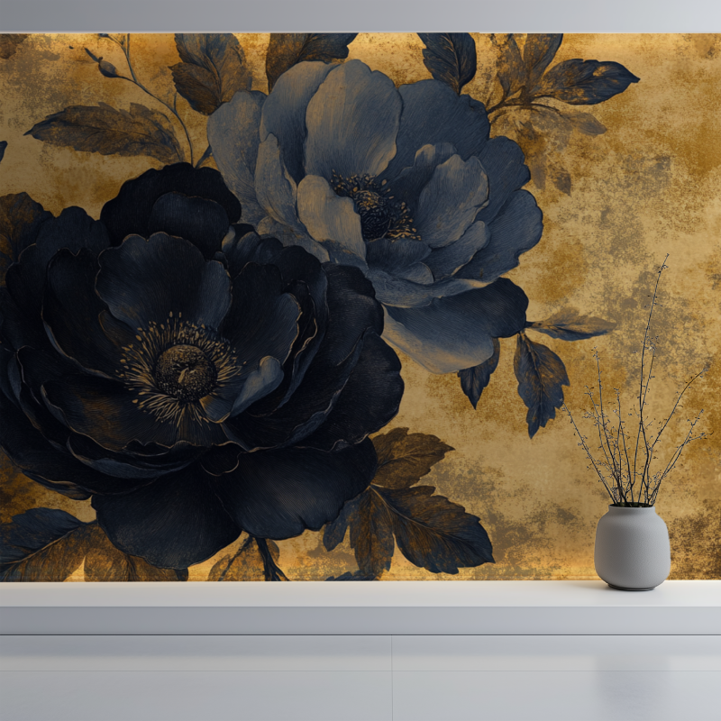 Papier peint noir moutarde bleu fleur vintage mur blanc