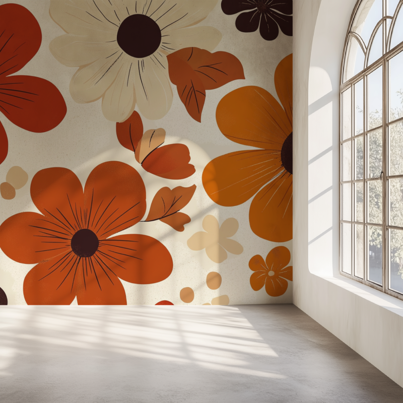 Papier peint vintage fleurs orange marron mur simple