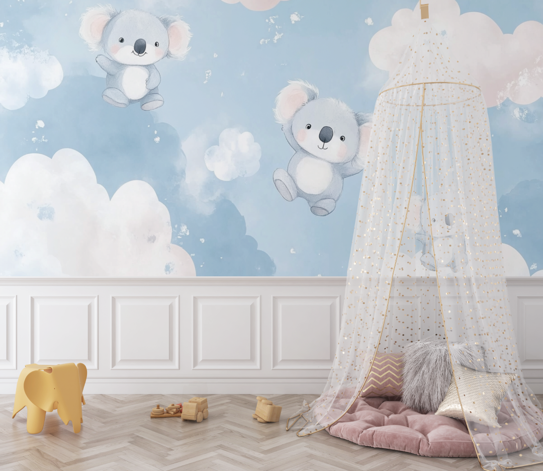 Papier peint koala sur fond de ciel pastel bebe