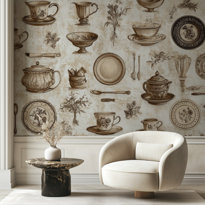 Papier peint vintage cuisine mural chaise tendance