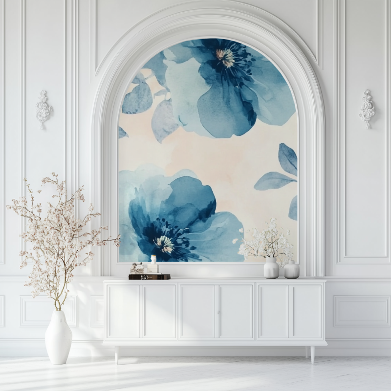 Papier peint vintage fleur bleue salon blanc