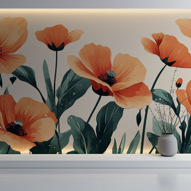 Papier peint vintage fleurs oranges mur blanc