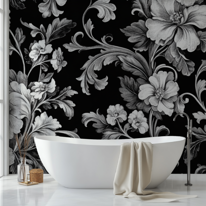 Papier peint fleur vintage noir blanc gris sdb
