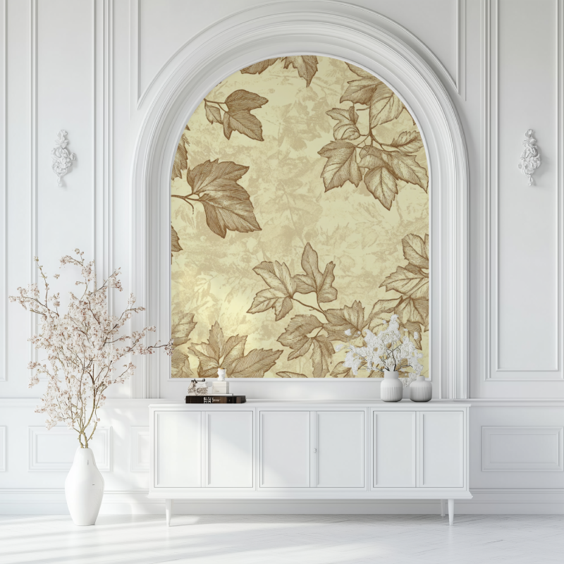 Papier peint vintage feuilles animaux salon blanc