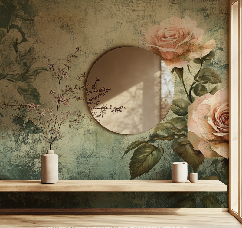 Papier peint vintage fleuries miroir