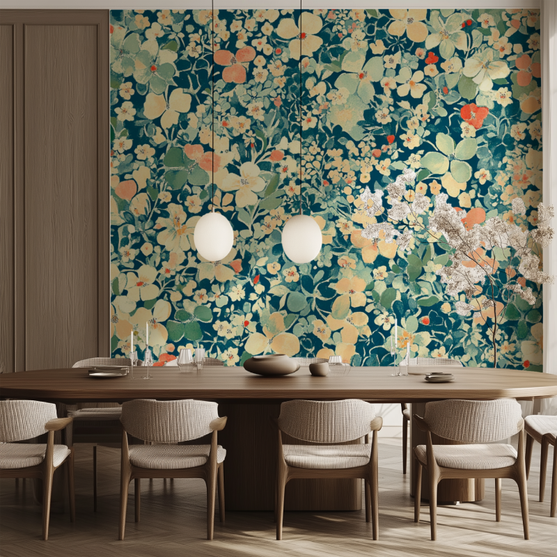 Papier peint vintage fleurs salle manger tendance